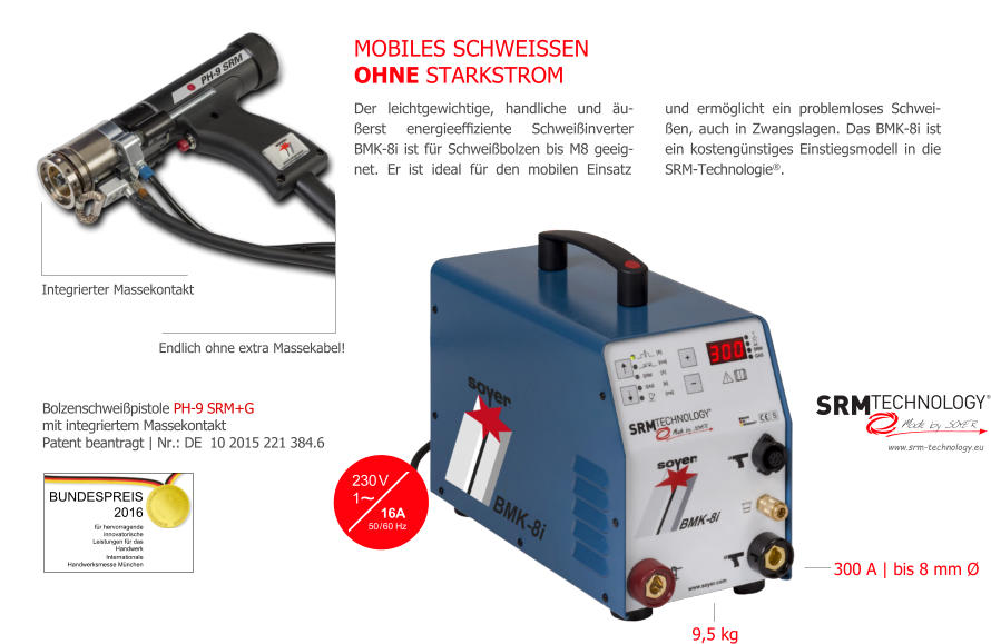 COMPART Z.Dziembowski SRM Bolzen- und Mutternschweitechnik (Heinz Soyer PL) - www.srm-technology.eu - der 1-phasige Bolzenschweier BMK-8i