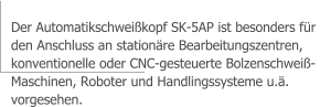 Der Automatikschweikopf SK-5AP ist besonders fr  den Anschluss an stationre Bearbeitungszentren,  konventionelle oder CNC-gesteuerte Bolzenschwei-  Maschinen, Roboter und Handlingssysteme u..  vorgesehen.